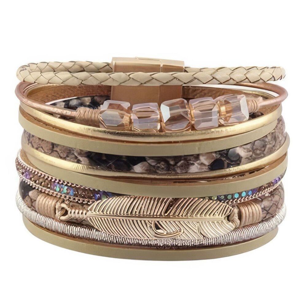 NWT Tan Brown Leather Gold Feather Beaded Boho Western Wrap Cuff Bracelet Bangle